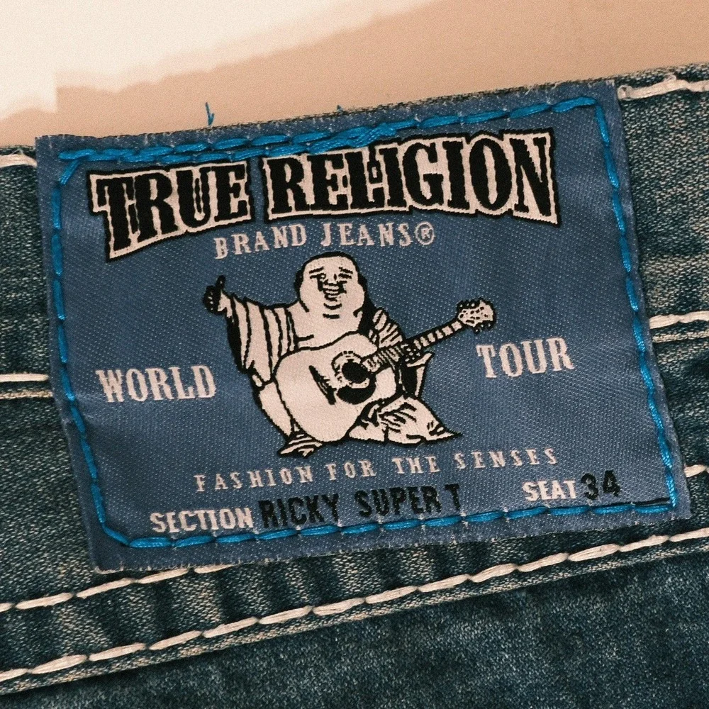 True Religion Ricky Super T Flap Jeans Men's Size 38 Black Denim White Stitch